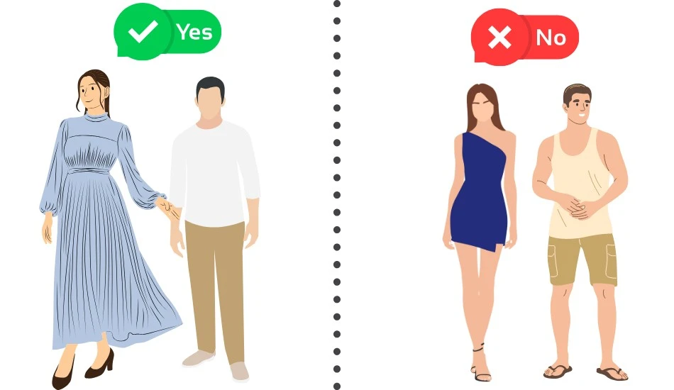 An image showing man and woman in full dress and shirt dresses showing what to wear and what not to wear.