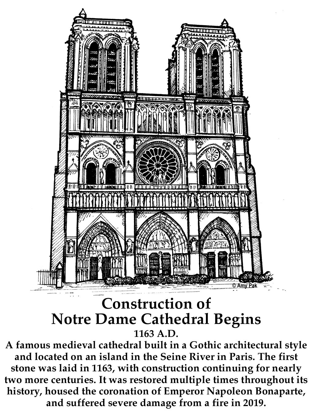 Illustration of Notre Dame Cathedral with historical information about its construction and significance.